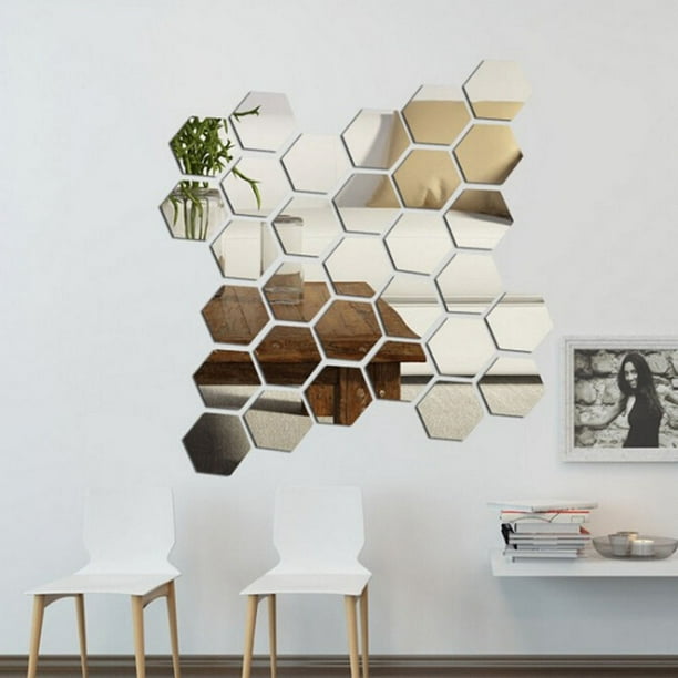 24X Mirror Tiles Wall Stickers Hexagon Self Adhesive Stick On Wall Decal Decor 